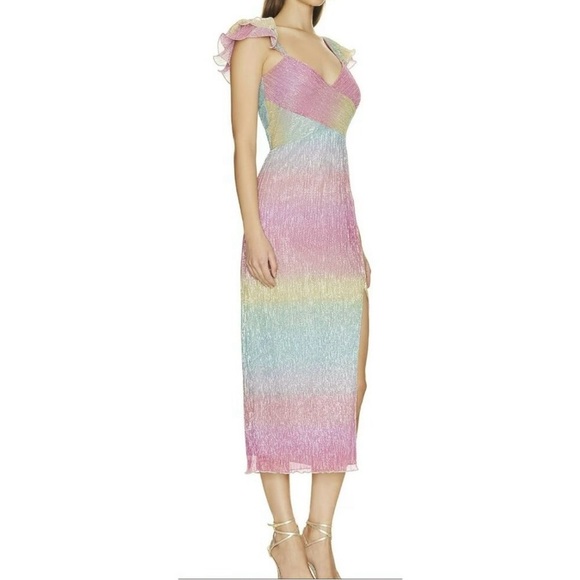 NWOT Saylor Ombre Metallic Myrah Ruffle Shoulder Slit Midi Dress sz Large L - Picture 2 of 9